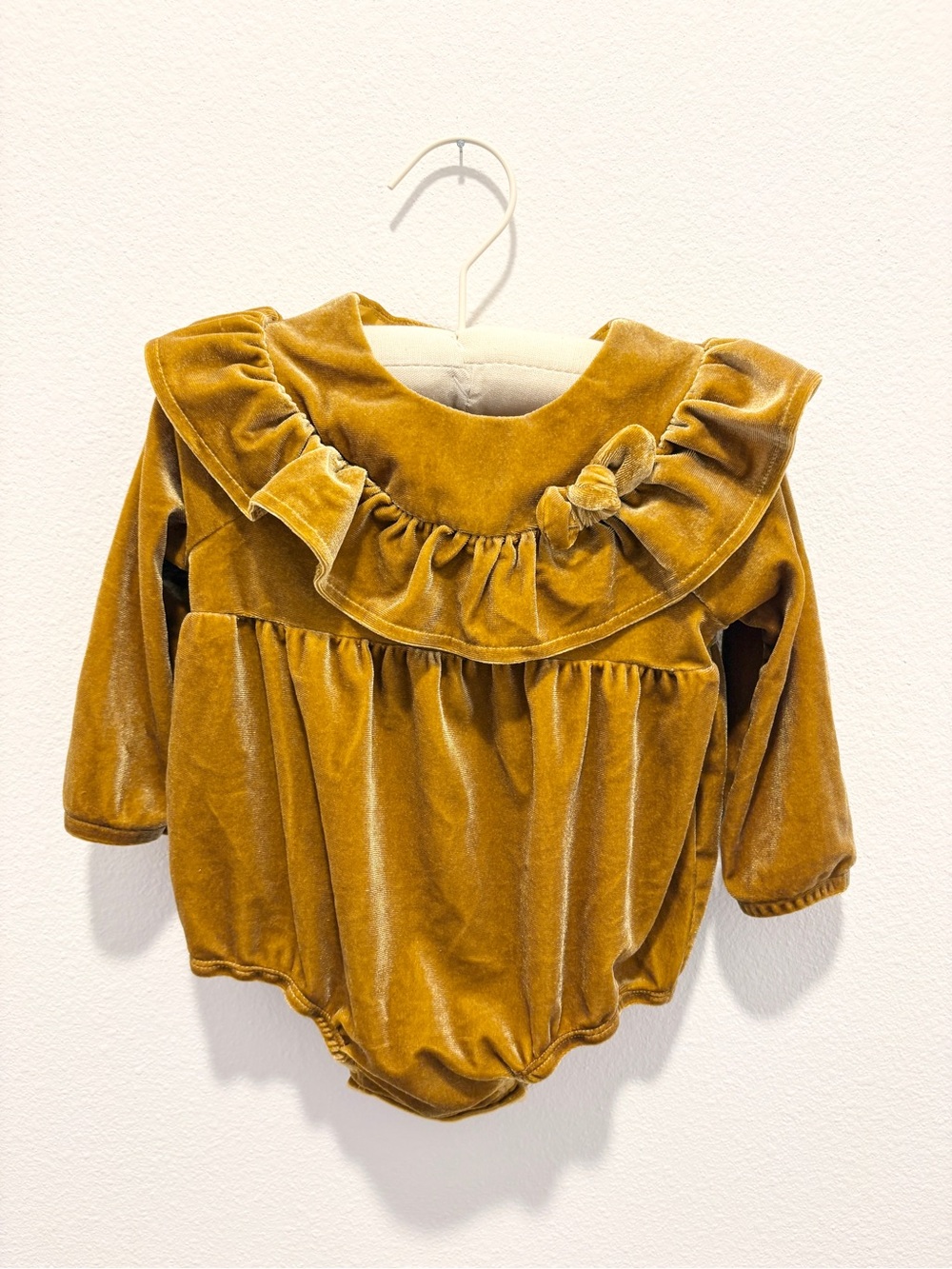Mud Pie Mustard Velvet Ruffle Long-Sleeve Baby Romper